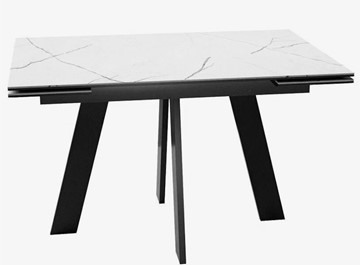 Стеклянный обеденный стол раздвижной DikLine SFM120 Стекло Белый мрамор САТИН/подстолье черное/опоры черные в Одинцово