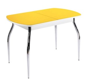 Кухонный обеденный стол ПГ-08 СТ2, белое/желтое стекло/35 хром гнутые металл в Одинцово