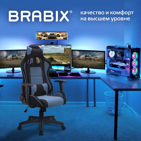 Кресло Brabix GT Racer GM-100 (две подушки, ткань, черное/голубое) 531818 в Серпухове - изображение 7