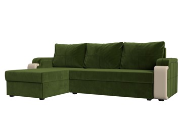 Угловой диван с оттоманкой Николь лайт, Зеленый/Бежевый (микровельвет/экокожа) в Серпухове