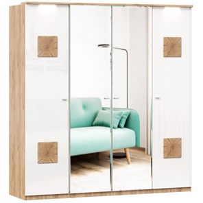 Шкаф 4-створчатый Фиджи с 2 зеркалами и декоративными накладками, Дуб золотой/Белый в Подольске