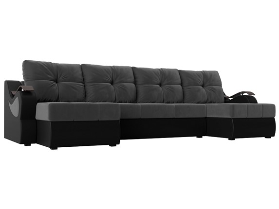 П-образный диван Меркурий П, Серый\Черный (Велюр\Экокожа) в Москве - изображение