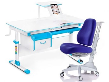 Комплект растущая парта + стул Mealux EVO Evo-40 BL (арт. Evo-40 BL + Y-528 SB) / (стол+полка+кресло) / белая столешница / цвет пластика голубой в Серпухове