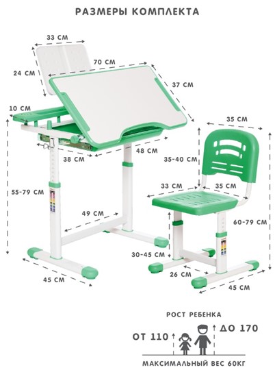 Растущие парта + стул SET HOLTO-17А, зеленый в Серпухове - изображение 11